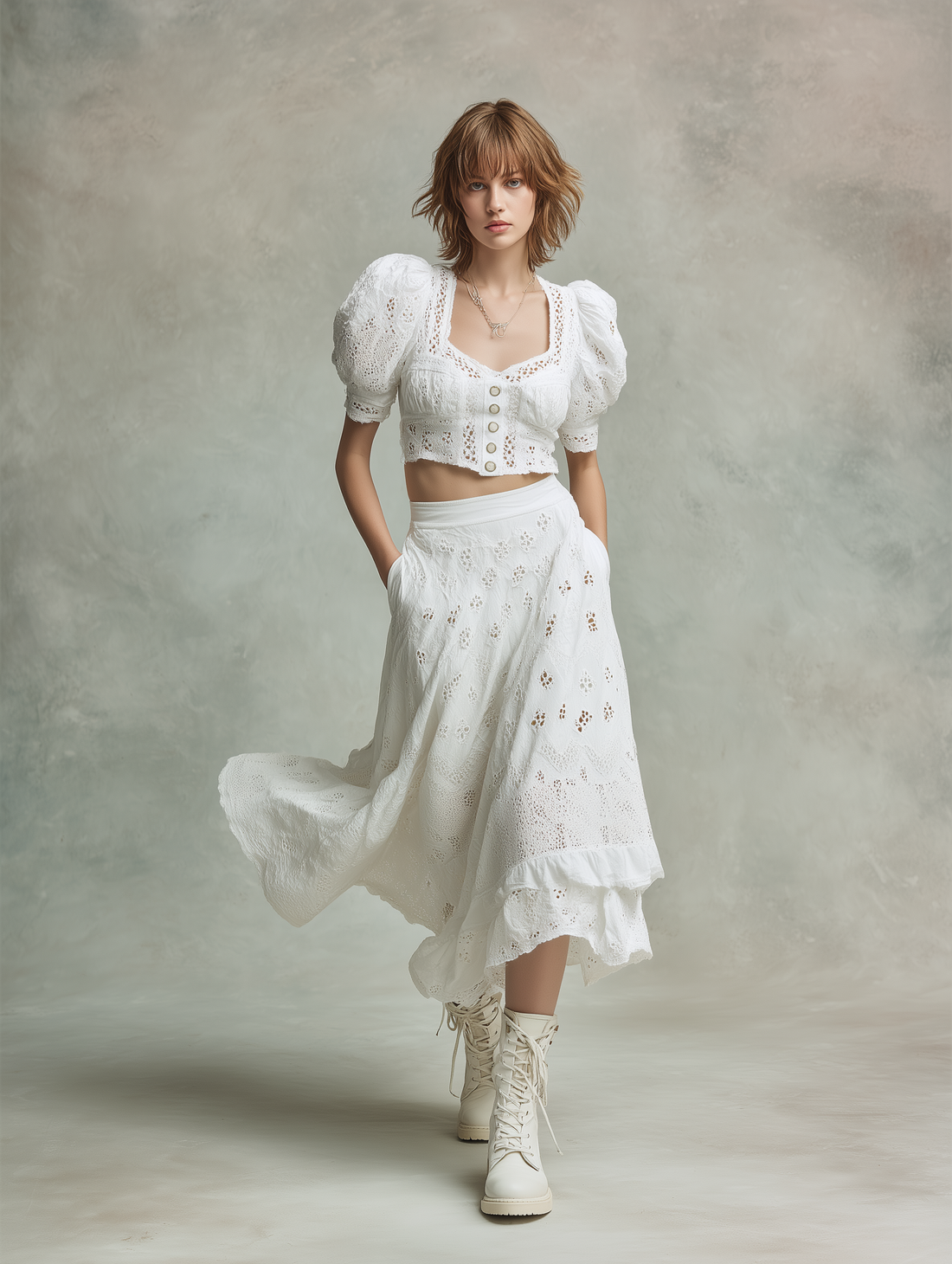 Women's Elegant & Casual Cotton-Linen Set: White Openwork Embroidered Puff-Sleeve Crop Top And Midi Skirt MDZ2834D2ZJW
