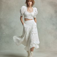 Women's Elegant & Casual Cotton-Linen Set: White Openwork Embroidered Puff-Sleeve Crop Top And Midi Skirt MDZ2834D2ZJW