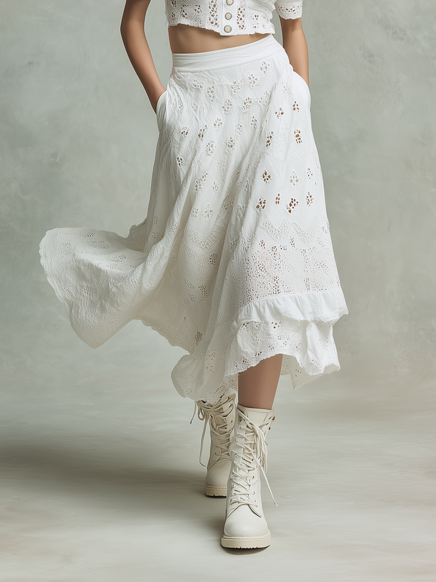 Women's Elegant & Casual Cotton-Linen Set: White Openwork Embroidered Puff-Sleeve Crop Top And Midi Skirt MDZ2834D2ZJW