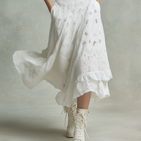 Women's Elegant & Casual Cotton-Linen Set: White Openwork Embroidered Puff-Sleeve Crop Top And Midi Skirt MDZ2834D2ZJW