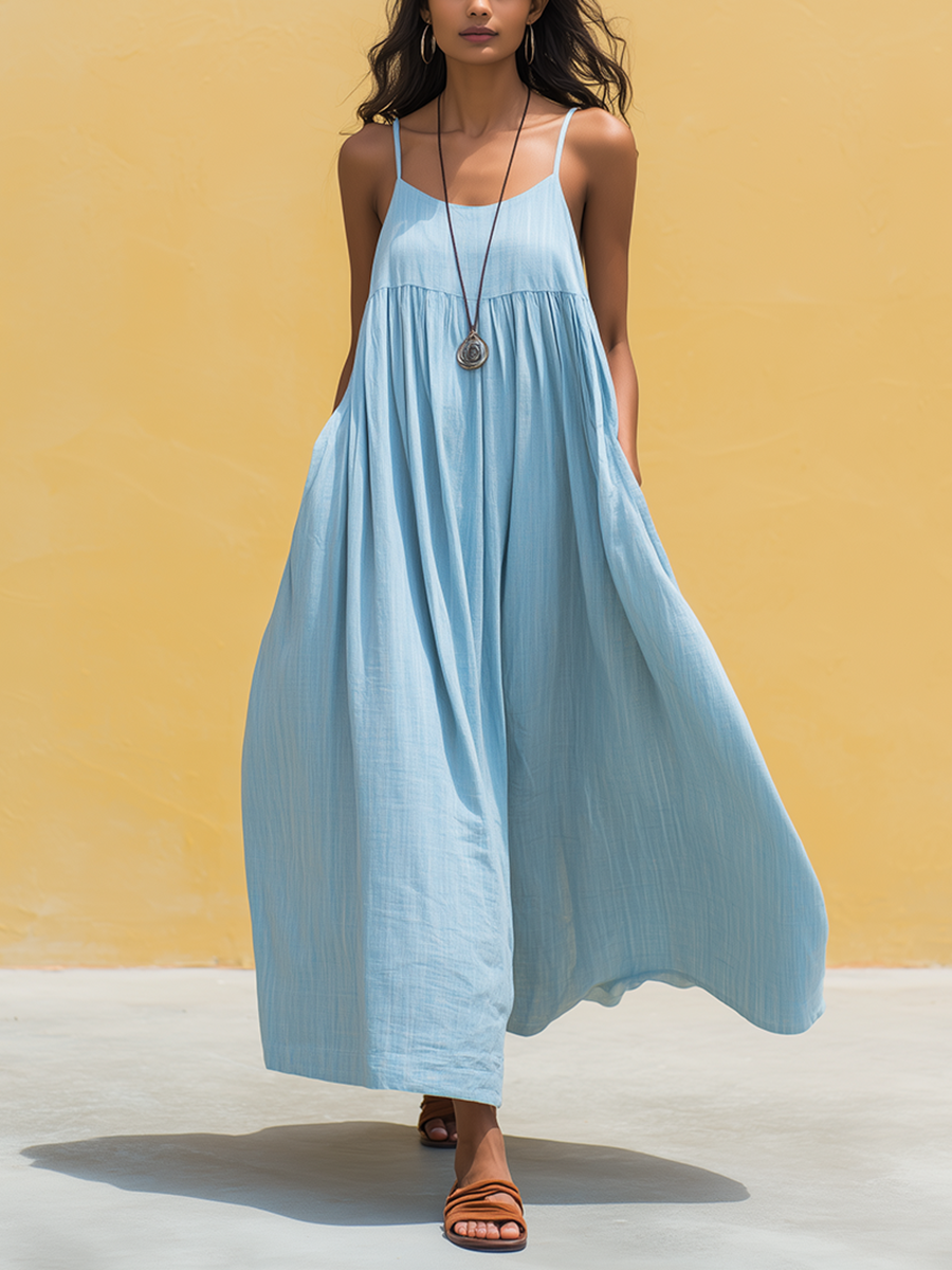 Women's Minimalist Vacation-Style Blue Cotton-Linen Ankle-Length Strappy Dress MDZ2881D3ZJW