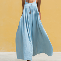 Women's Minimalist Vacation-Style Blue Cotton-Linen Ankle-Length Strappy Dress MDZ2881D3ZJW