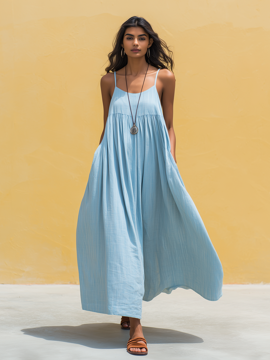 Women's Minimalist Vacation-Style Blue Cotton-Linen Ankle-Length Strappy Dress MDZ2881D3ZJW