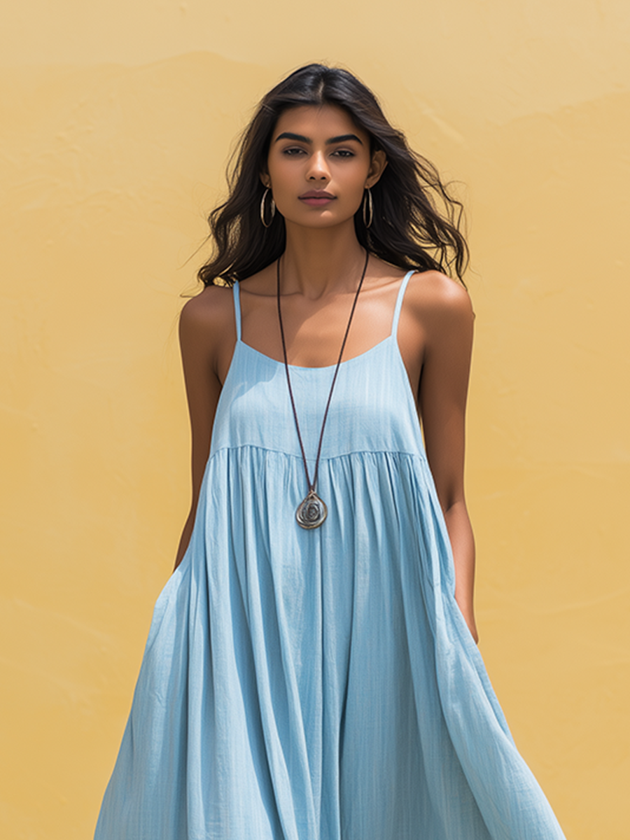 Women's Minimalist Vacation-Style Blue Cotton-Linen Ankle-Length Strappy Dress MDZ2881D3ZJW