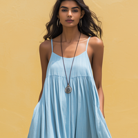 Women's Minimalist Vacation-Style Blue Cotton-Linen Ankle-Length Strappy Dress MDZ2881D3ZJW
