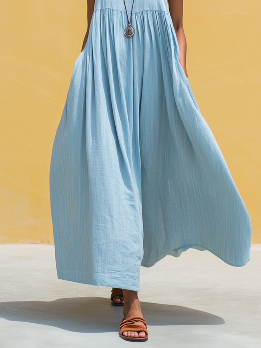 Women's Minimalist Vacation-Style Blue Cotton-Linen Ankle-Length Strappy Dress MDZ2881D3ZJW