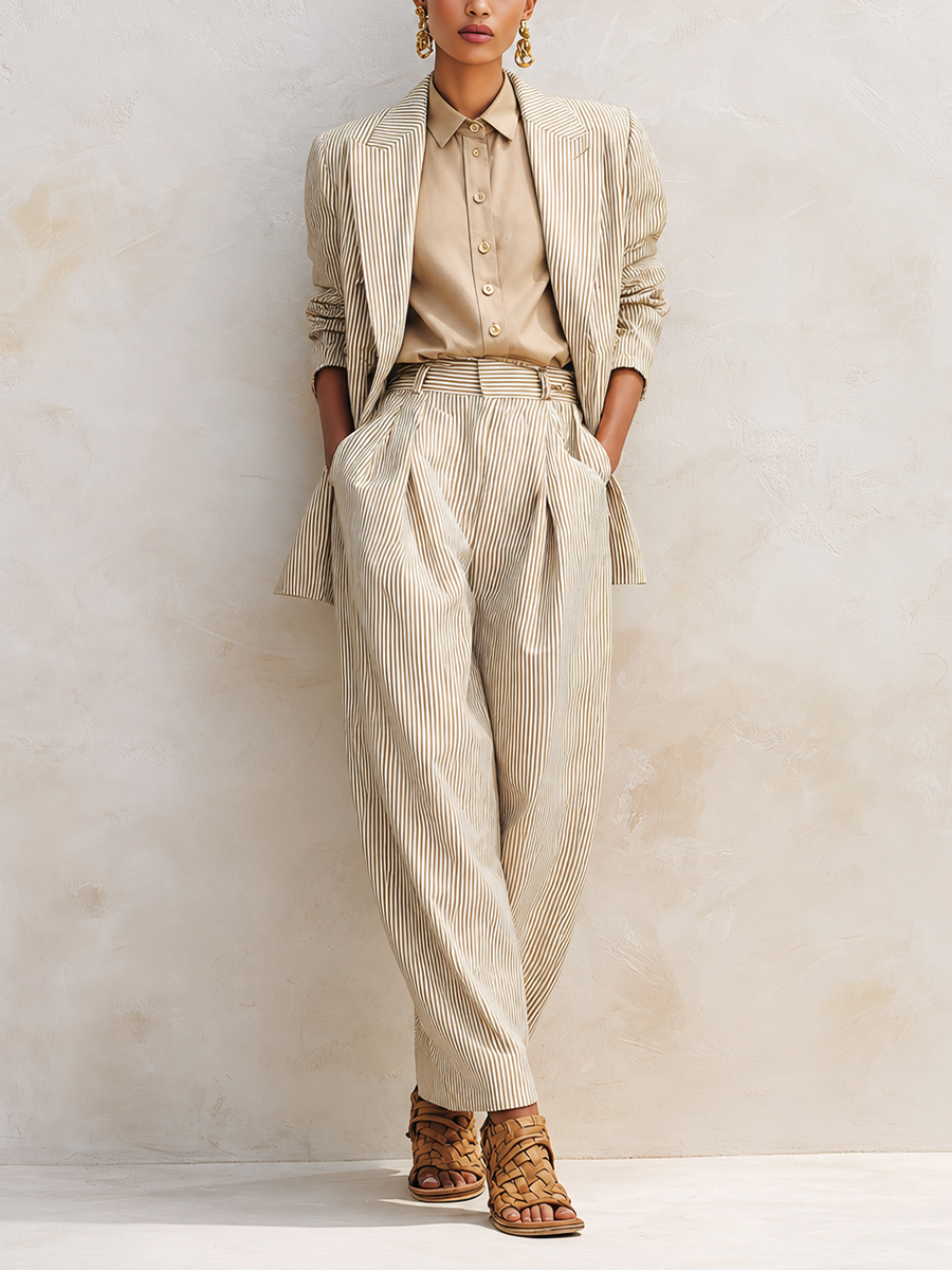 Women's Vintage-Style Simple & Elegant Cotton-Linen Suit Set — Khaki Striped, Peak Lapel, Long Sleeve Jacket & Trousers MDZ2833D0ZJW