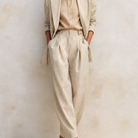 Women's Vintage-Style Simple & Elegant Cotton-Linen Suit Set — Khaki Striped, Peak Lapel, Long Sleeve Jacket & Trousers MDZ2833D0ZJW