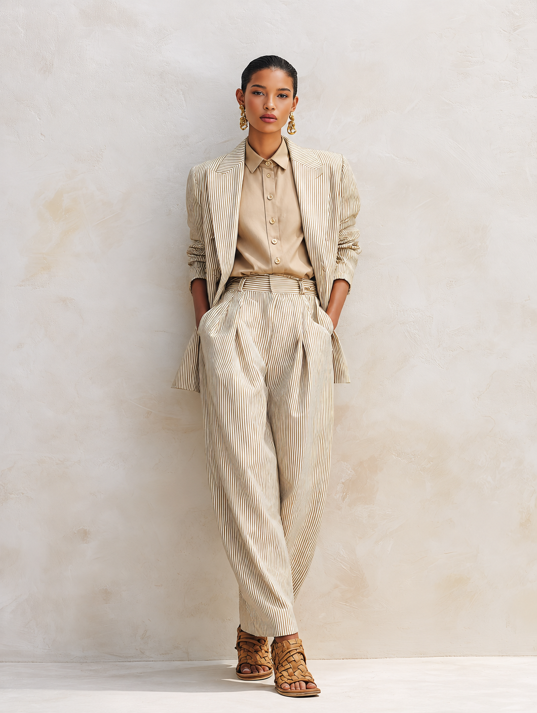 Women's Vintage-Style Simple & Elegant Cotton-Linen Suit Set — Khaki Striped, Peak Lapel, Long Sleeve Jacket & Trousers MDZ2833D0ZJW