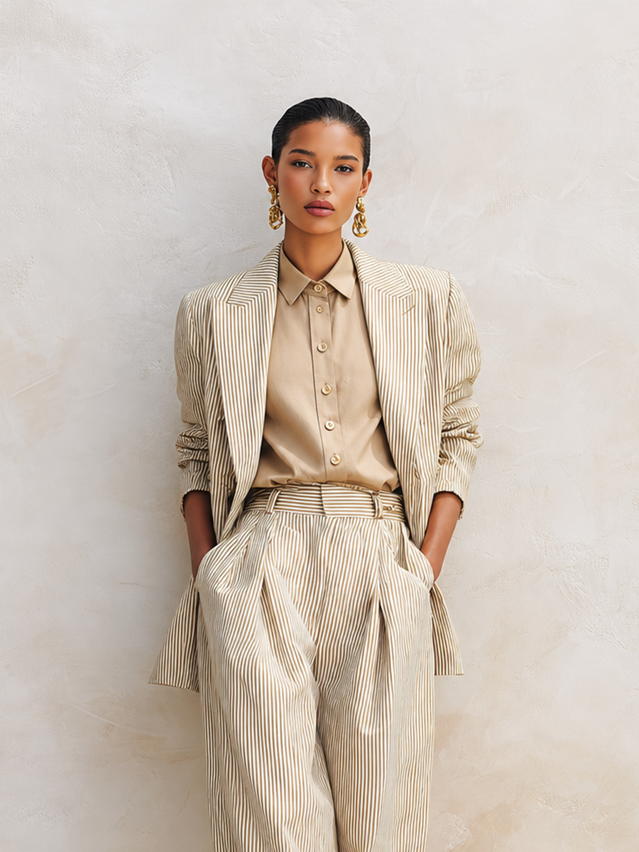 Women's Vintage-Style Simple & Elegant Cotton-Linen Suit Set — Khaki Striped, Peak Lapel, Long Sleeve Jacket & Trousers MDZ2833D0ZJW