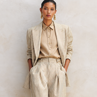 Women's Vintage-Style Simple & Elegant Cotton-Linen Suit Set — Khaki Striped, Peak Lapel, Long Sleeve Jacket & Trousers MDZ2833D0ZJW