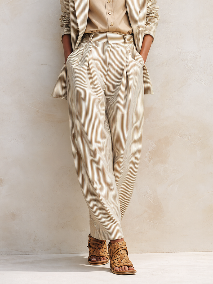 Women's Vintage-Style Simple & Elegant Cotton-Linen Suit Set — Khaki Striped, Peak Lapel, Long Sleeve Jacket & Trousers MDZ2833D0ZJW