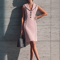 Women's Elegant Pink Knitted Cotton Blend Color-Blocked Trim Collar Sleeveless Slim Fit Midi Dress MDZ2483D1GMJ