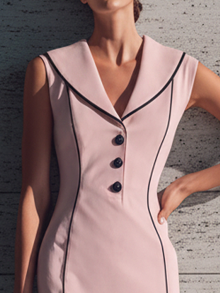 Women's Elegant Pink Knitted Cotton Blend Color-Blocked Trim Collar Sleeveless Slim Fit Midi Dress MDZ2483D1GMJ