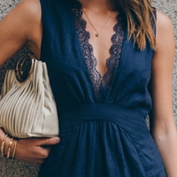 Women's Retro Blue Cotton Linen Patchwork Lace Deep V Pleated Sleeveless Short Dress MDZ2868D6GMJ