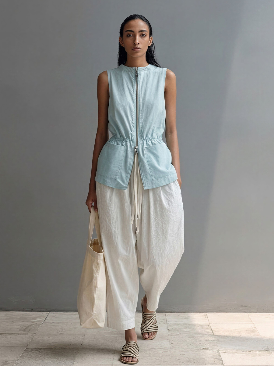 Women’s Minimalist Light Blue Cotton Blend Sleeveless Vest With Metal Double-Ended Zipper And Fitted Waist MDZ2889D2GMJ