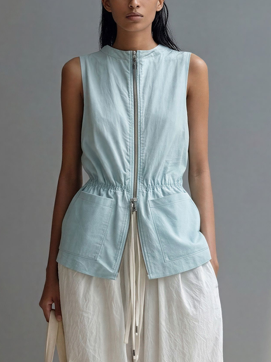 Women’s Minimalist Light Blue Cotton Blend Sleeveless Vest With Metal Double-Ended Zipper And Fitted Waist MDZ2889D2GMJ