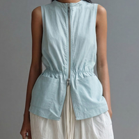 Women’s Minimalist Light Blue Cotton Blend Sleeveless Vest With Metal Double-Ended Zipper And Fitted Waist MDZ2889D2GMJ