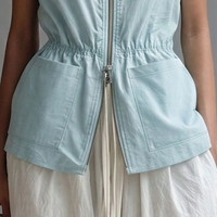 Women’s Minimalist Light Blue Cotton Blend Sleeveless Vest With Metal Double-Ended Zipper And Fitted Waist MDZ2889D2GMJ