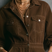 Women's Vintage Style Brown Washed Denim Metal Button Waist-Tailored Collared Long-Sleeve Short Jumpsuit MDZ2889D8GMJ