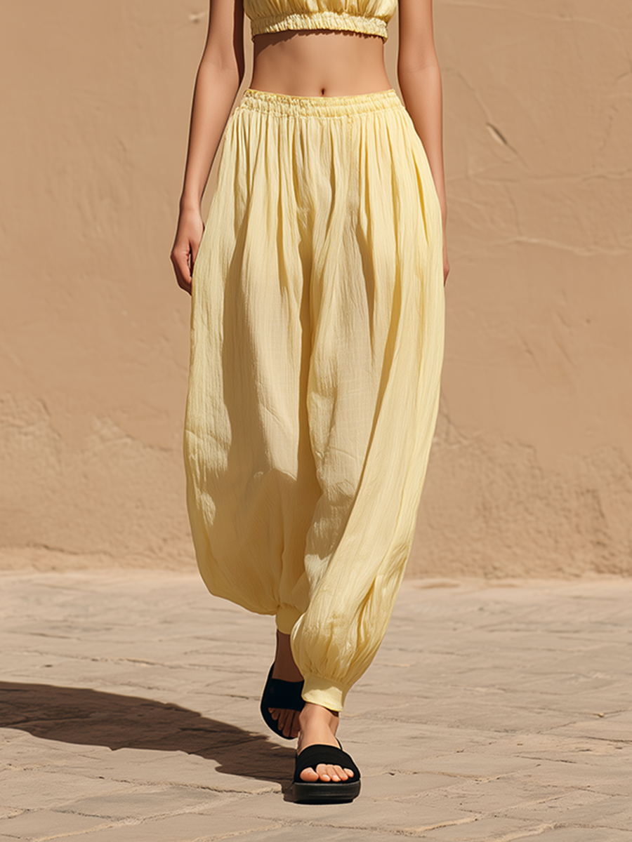 Women's Minimalist Casual Vacation-Style Yellow Cotton-Linen Tapered Trousers MDZ2949D1ZJW