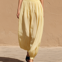 Women's Minimalist Casual Vacation-Style Yellow Cotton-Linen Tapered Trousers MDZ2949D1ZJW