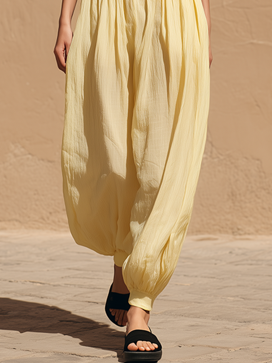 Women's Minimalist Casual Vacation-Style Yellow Cotton-Linen Tapered Trousers MDZ2949D1ZJW