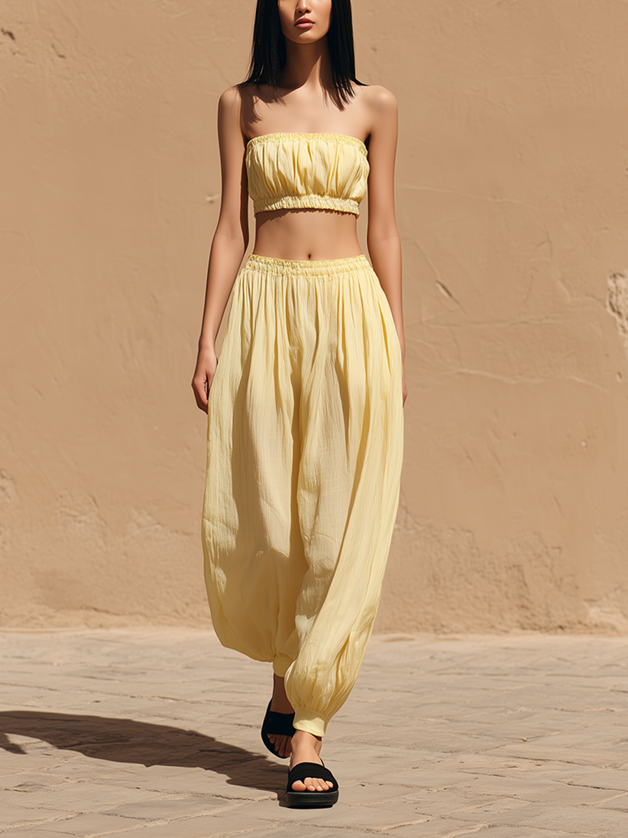 Women's Minimalist Casual Vacation-Style Yellow Cotton-Linen Tapered Trousers MDZ2949D1ZJW