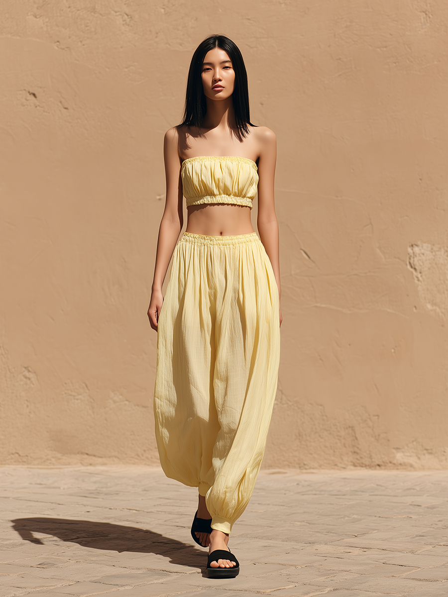 Women's Minimalist Casual Vacation-Style Yellow Cotton-Linen Tapered Trousers MDZ2949D1ZJW