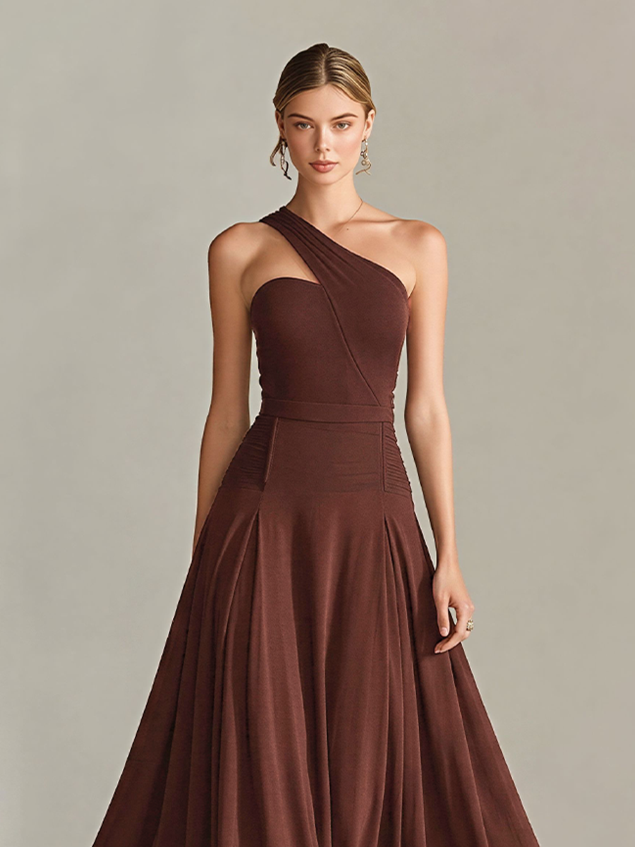 Women's Chocolate Brown Jersey Gown With One-Shoulder Strap & A-Line Skirt, Timeless Elegant Bridesmaid Dress MDZ2928D4LYL