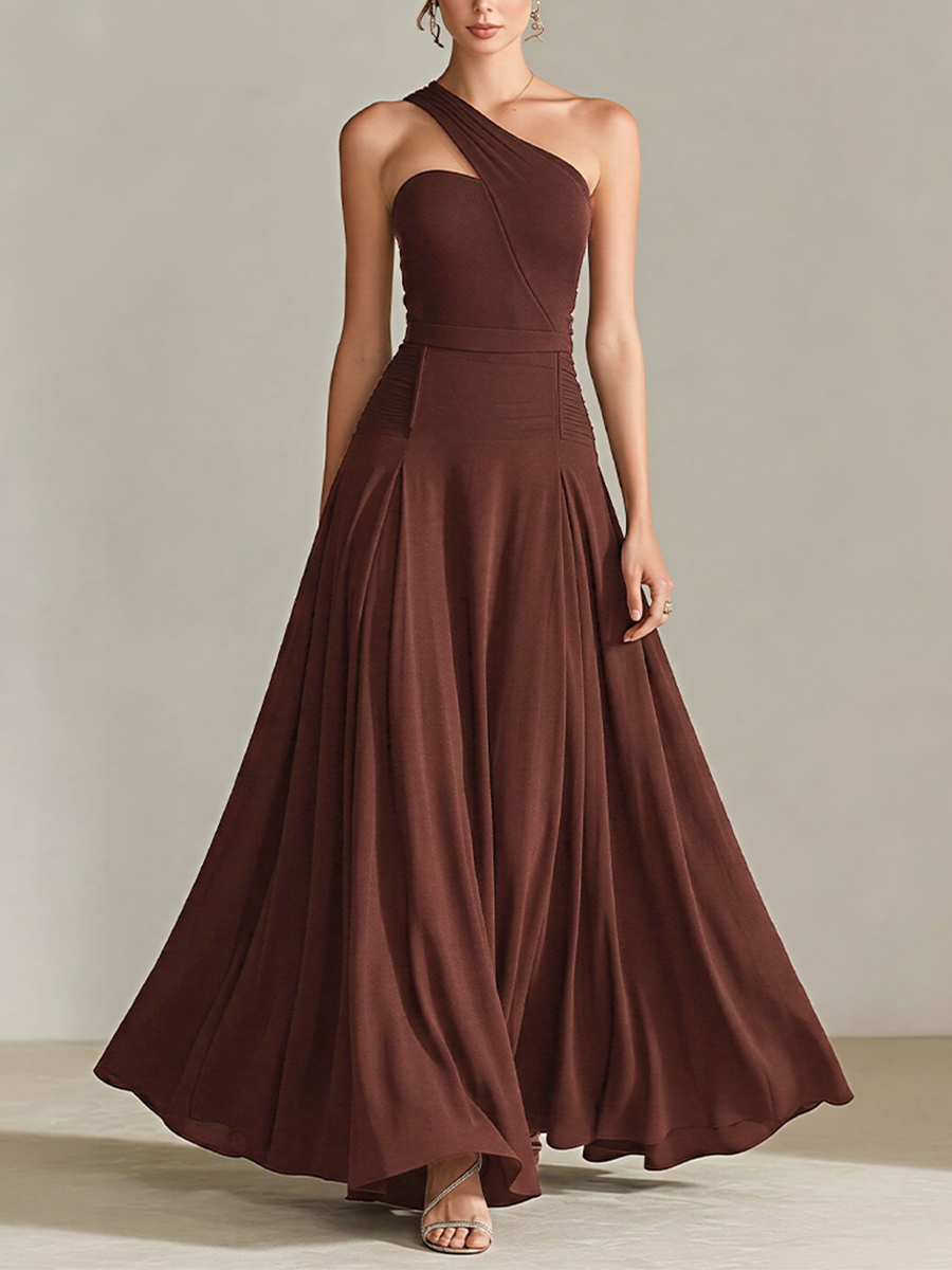 Women's Chocolate Brown Jersey Gown With One-Shoulder Strap & A-Line Skirt, Timeless Elegant Bridesmaid Dress MDZ2928D4LYL