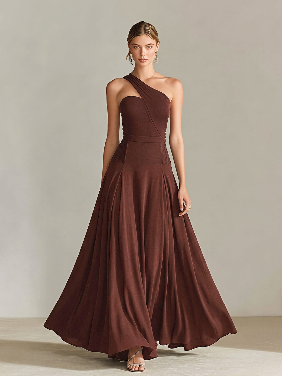 Women's Chocolate Brown Jersey Gown With One-Shoulder Strap & A-Line Skirt, Timeless Elegant Bridesmaid Dress MDZ2928D4LYL