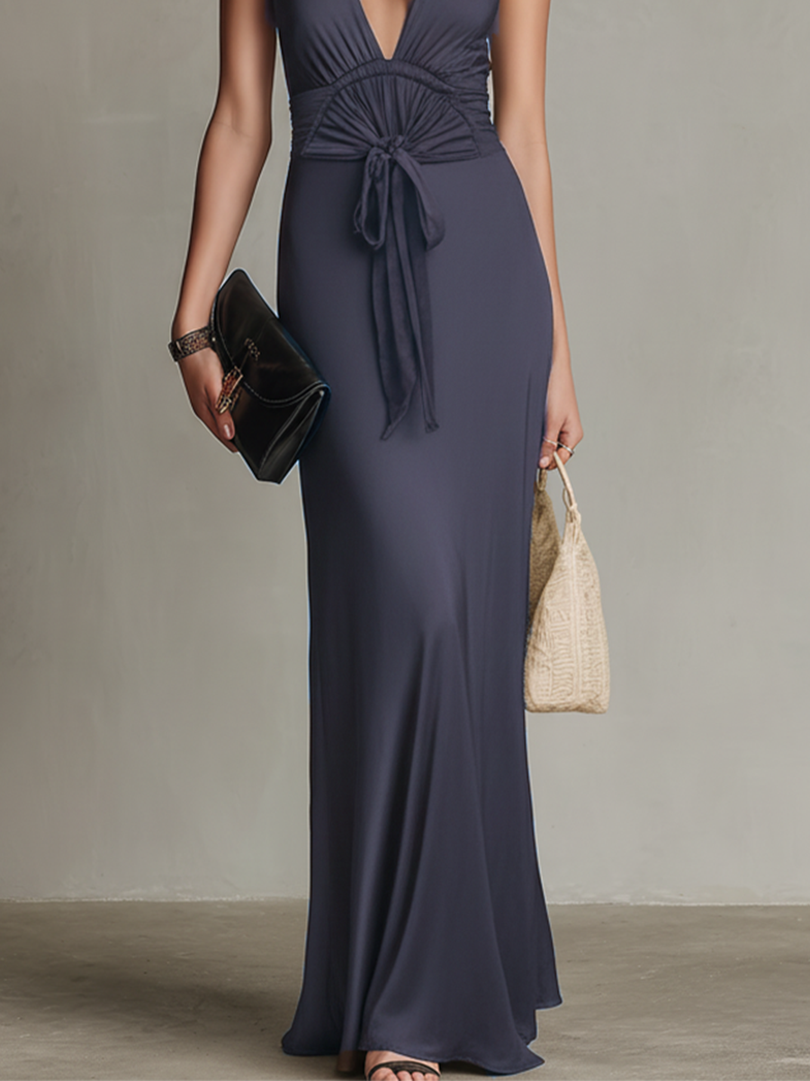 Women's Navy Blue Jersey Halter Maxi Dress With Deep V-Neck & Waist Tie, Timeless Elegant Evening Gown MDZ2931D6LYL