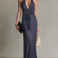 Women's Navy Blue Jersey Halter Maxi Dress With Deep V-Neck & Waist Tie, Timeless Elegant Evening Gown MDZ2931D6LYL