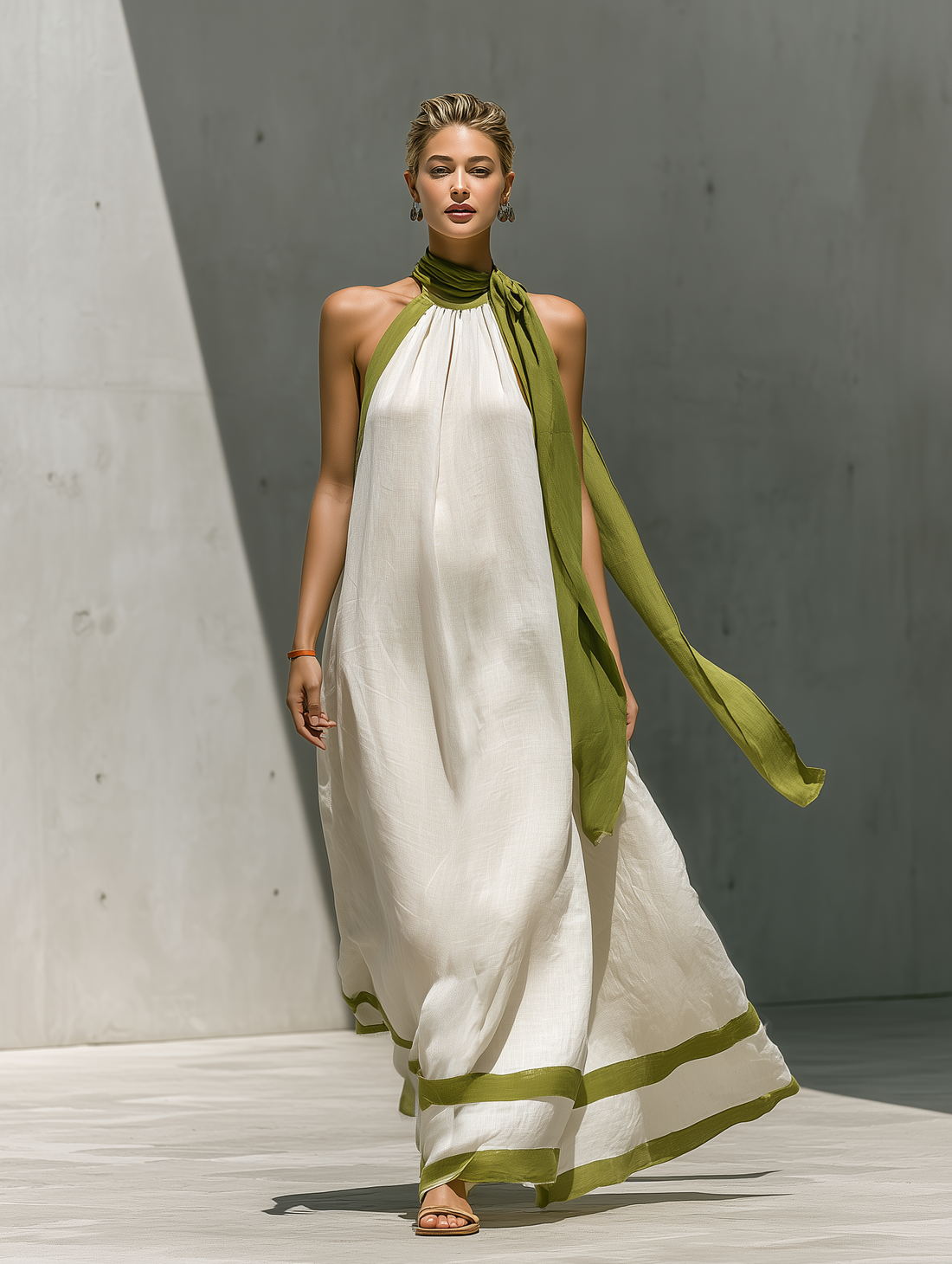 Women’s White Linen-Blend Halter Neck Maxi Dress With Green Contrast Trim & Tie Detail MDZ2932D3T