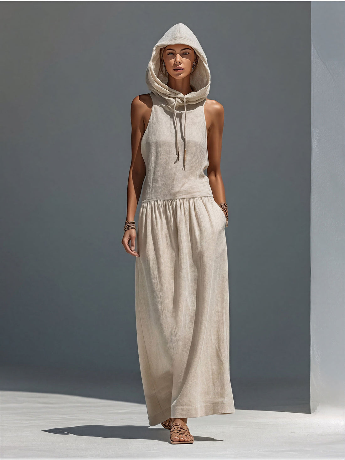 Women’s Beige Linen-Blend Sleeveless Hooded Maxi Dress MDZ2928D2T