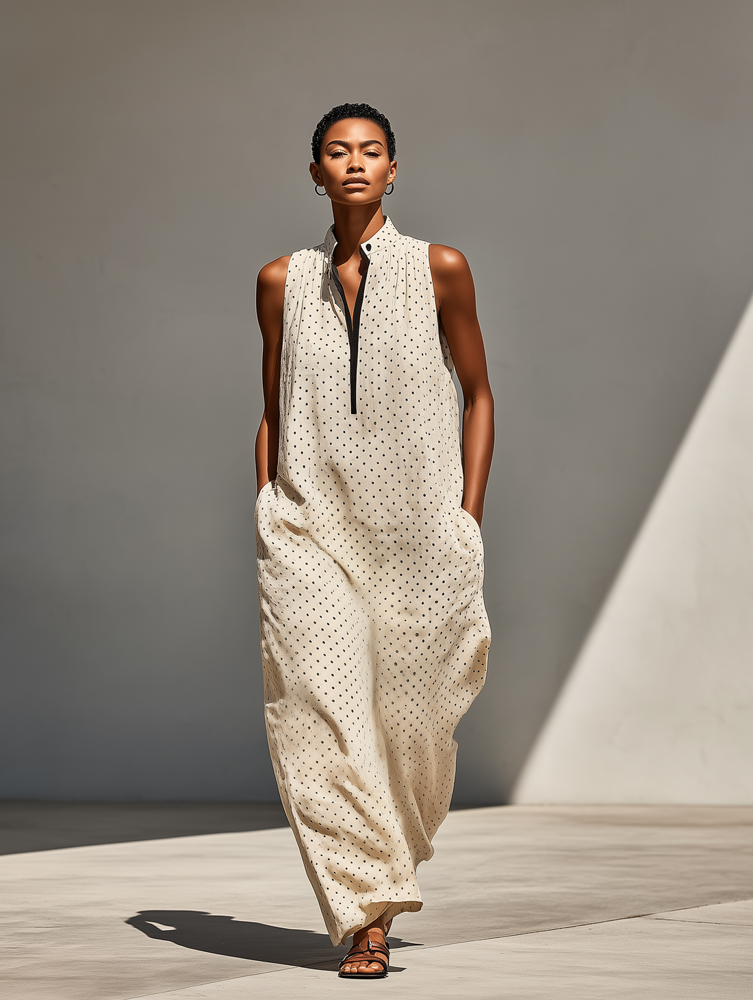 Women’s Beige Polka Dot Linen-Blend Sleeveless Maxi Dress With Stand Collar & Half Placket MDZ2962D6T