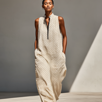 Women’s Beige Polka Dot Linen-Blend Sleeveless Maxi Dress With Stand Collar & Half Placket MDZ2962D6T