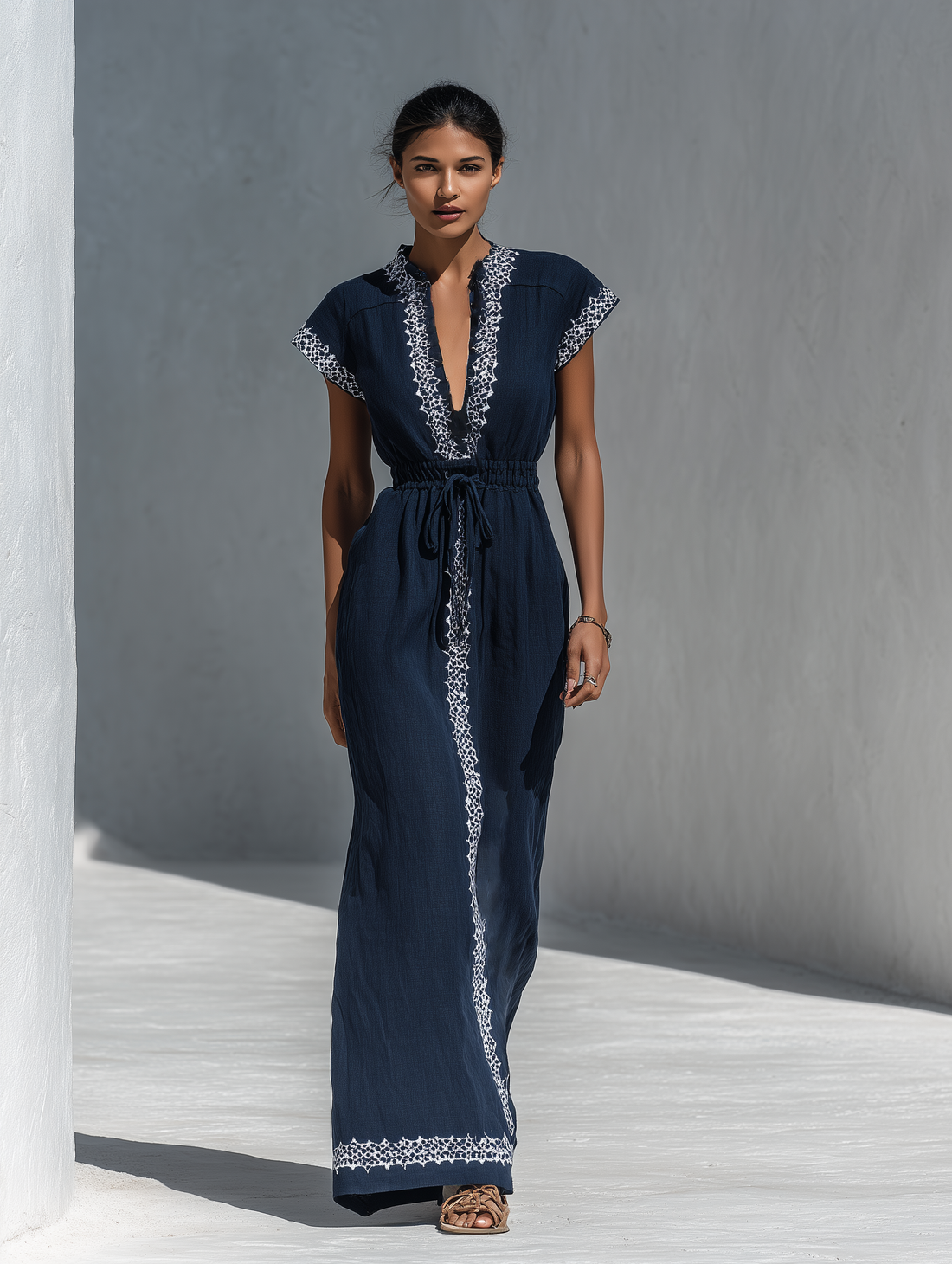 Women’s Navy Blue Linen-Blend Maxi Dress With White Contrast Embroidery & Drawstring Waist MDZ2935D1T