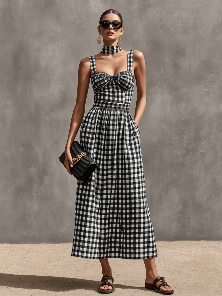 Women's Black & White Gingham Cotton Maxi Dress With Sweetheart Neck & Matching Choker, Timeless Retro Casual Dress MDZ2908D7LYL