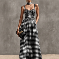 Women's Black & White Gingham Cotton Maxi Dress With Sweetheart Neck & Matching Choker, Timeless Retro Casual Dress MDZ2908D7LYL