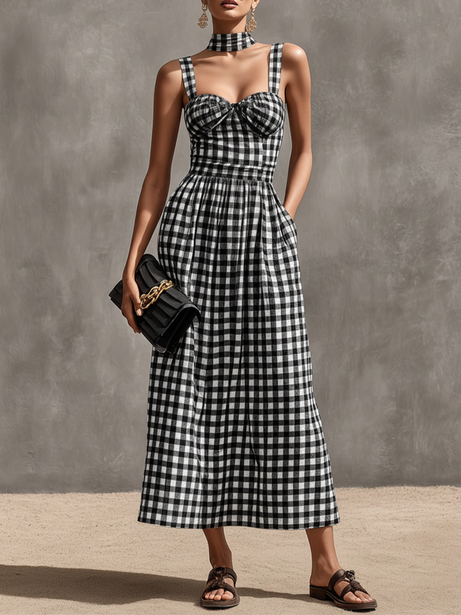 Women's Black & White Gingham Cotton Maxi Dress With Sweetheart Neck & Matching Choker, Timeless Retro Casual Dress MDZ2908D7LYL