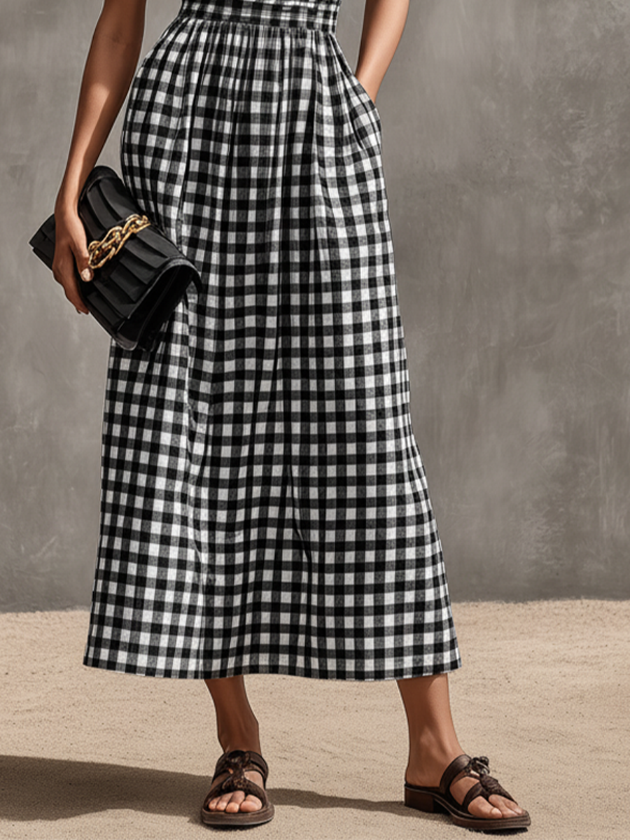 Women's Black & White Gingham Cotton Maxi Dress With Sweetheart Neck & Matching Choker, Timeless Retro Casual Dress MDZ2908D7LYL