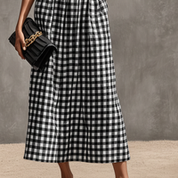 Women's Black & White Gingham Cotton Maxi Dress With Sweetheart Neck & Matching Choker, Timeless Retro Casual Dress MDZ2908D7LYL