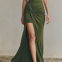 Women's Olive Green Jersey Maxi Dress With Draped Neck & Waist Knot, Timeless Elegant Evening Gown MDZ2912D7LYL