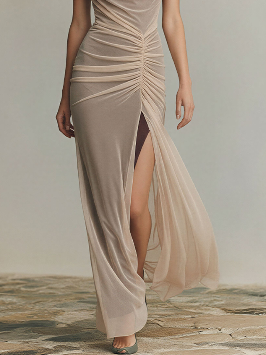 Women's Nude Mesh Maxi Dress With Cowl Neck & Ruched Front, Timeless Elegant Evening Gown MDZ2952D8LYL