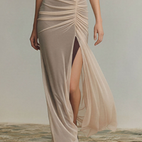 Women's Nude Mesh Maxi Dress With Cowl Neck & Ruched Front, Timeless Elegant Evening Gown MDZ2952D8LYL