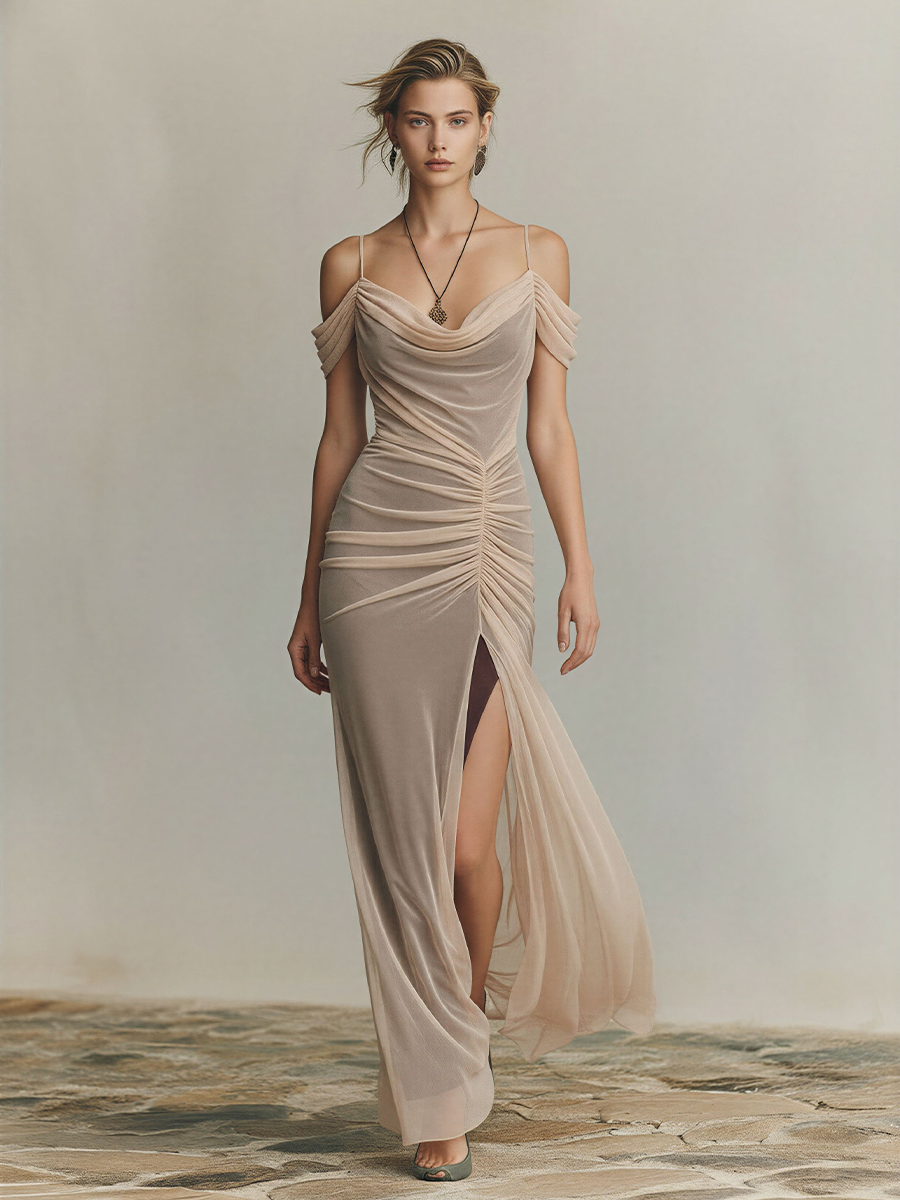 Women's Nude Mesh Maxi Dress With Cowl Neck & Ruched Front, Timeless Elegant Evening Gown MDZ2952D8LYL