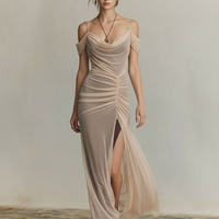Women's Nude Mesh Maxi Dress With Cowl Neck & Ruched Front, Timeless Elegant Evening Gown MDZ2952D8LYL