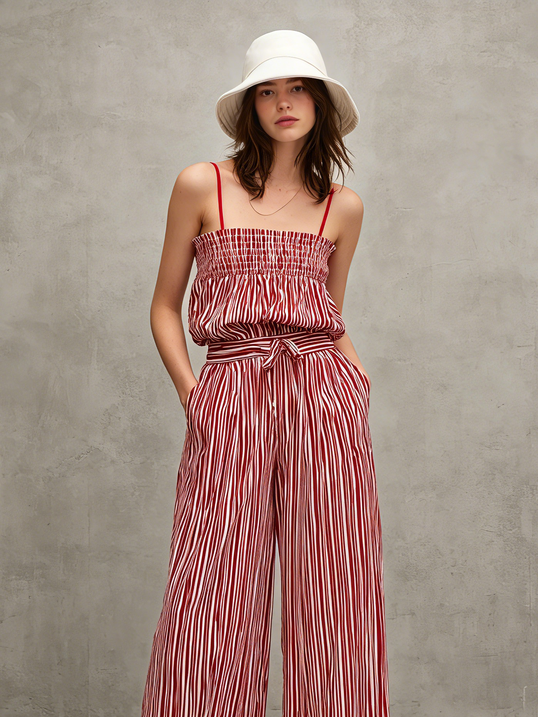 Women's Casual Red & White Striped Print Woven Jumpsuit — Sleeveless, Spaghetti Strap, Full-Length MDZ2920D1LXY